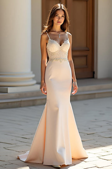Mermaid Champagne Spaghetti Straps Satin Long Formal Dress